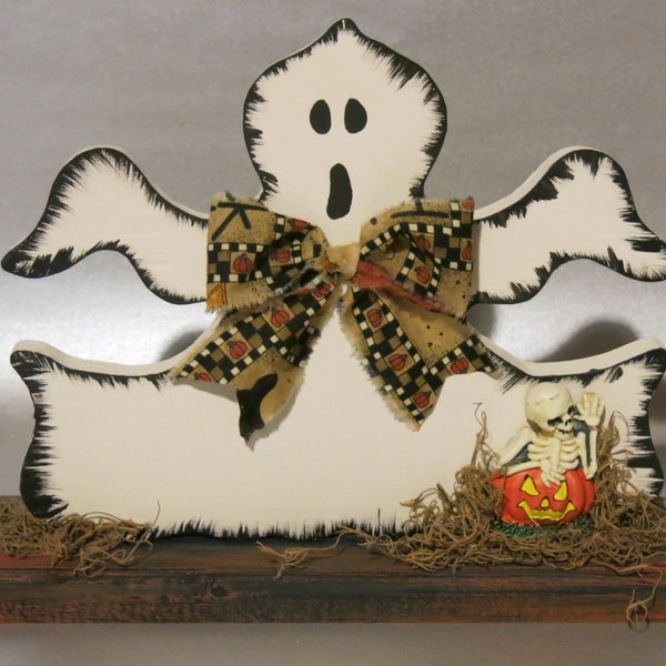 Halloween Ghost, painted wooden holiday decoration, skeleton and pumpkin