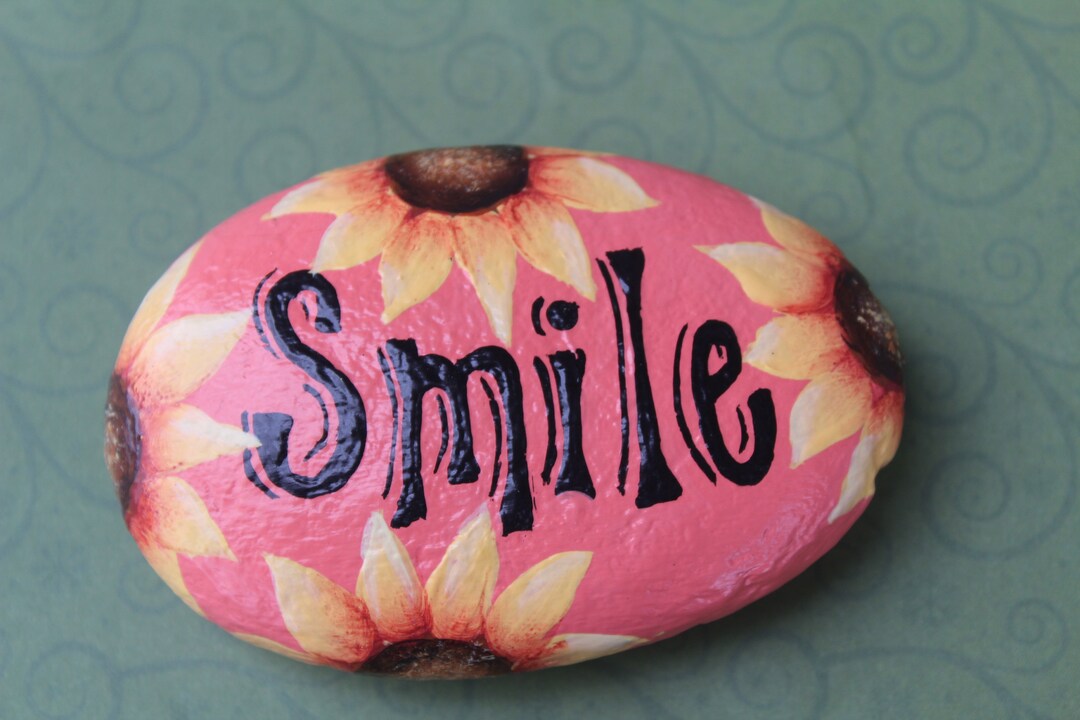 Smile Hand Painted Rock, Garden Stone With Sunflowers, Gardener ...