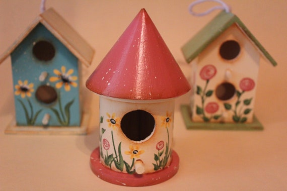 Set Of 3 Small Hand Painted Decorative Bird Houses Three Etsy