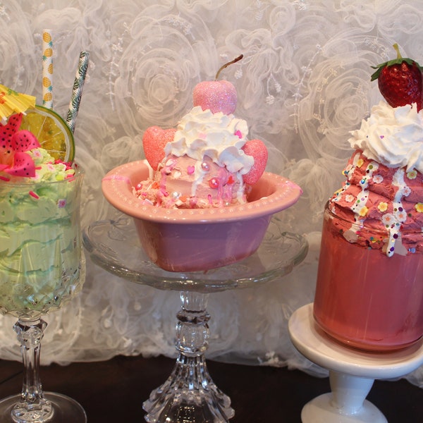 Fake drink, choice of 3 faux drinks, tropical in crystal glass, pink heart ice cream dish, cup with ice cream