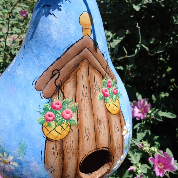 Painted Gourd Birdhouse, Bird house with flower baskets, Daisies, Garden Decoration with Poem,