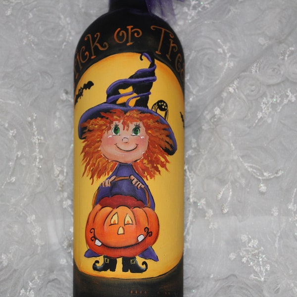 Hand Painted Witch Wine Bottle, Halloween Decoration, Trick or Treat Decor, Glass Fall Table Centerpiece, black and orange Autumn, mantel