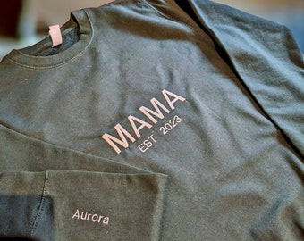 Custom 'Mama' Embroidered Sweatshirt with Personalised Children's Names on Cuffs - Unique Ladies' Family Apparel Gift
