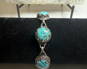 Genuine Turquoise Sterling Silver Link Bracelet