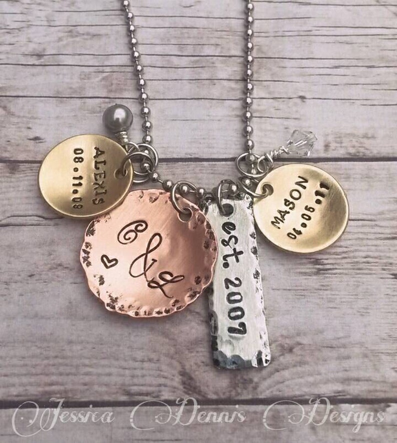 Mother's Necklace Mixed Metals Children's names Marriage Anniversary Date Birthdates Personalized Cluster Necklace Mom Gift image 1