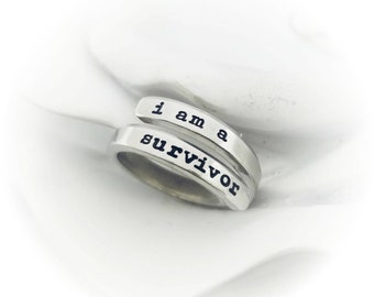 I Am A Survivor Skinny Wrap Ring - Custom Ring - Adjustable Wrap Ring - Inspirational Jewelry Cancer Survivor Gift - Friend Gift Chemo Gift