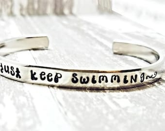 Custom Cuff Bracelet Just Keep Swimming Swimmer Gift Bracelet Hand Stamped Jewelry Custom Bangle Bracelet Inspirational Cuff Swim Team