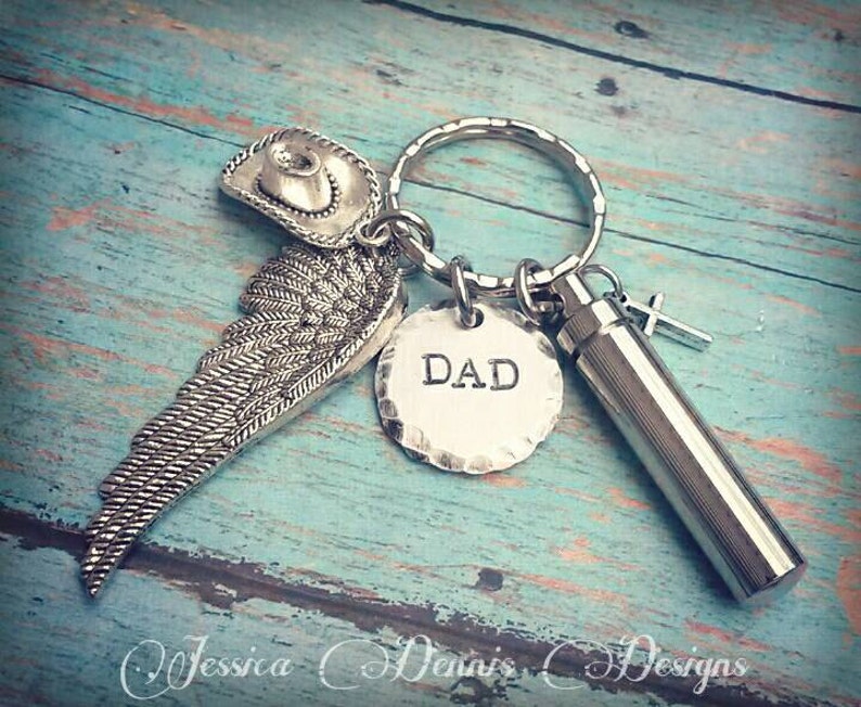 Cremation Keychain - Memorial Keepsake - Memorial Keychain - In Memory of - Customized Urn - Ashes Keychain - Cowboy Dad - Angel Wing 
