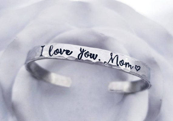 Customizable Hammered Cuff Bracelet: Rustic Silver Bangle, Mom