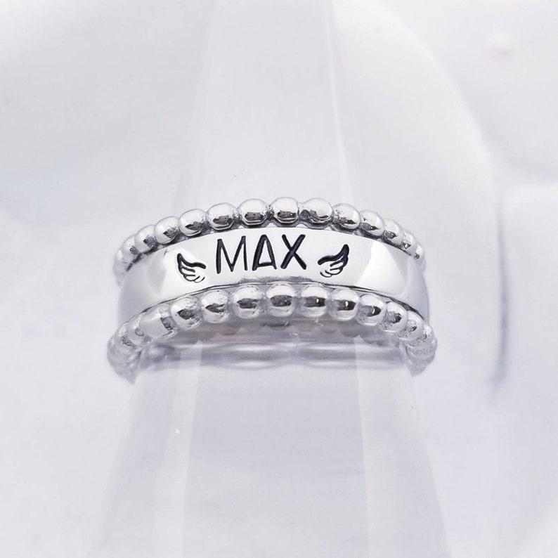 Personalized Ring Silver Stackable Name Rings Mom Ring Mother/'s Rings Mom Gift Memorial Name Ring Set Stainless Steel Stacking Name Ring