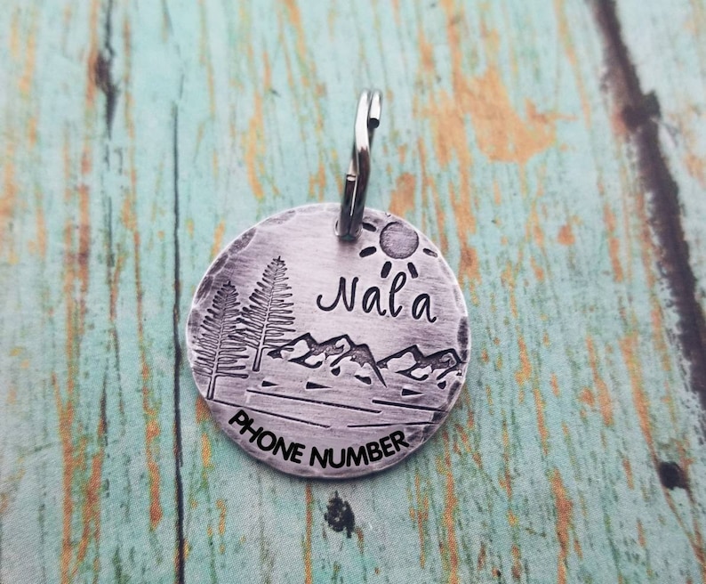 Unique Dog ID Tag Custom Made Hand Stamped Personalized Dog ID Dog Name Tag Dog Tag Hand Made Dog ID Mountain Dog Tag Rustic Dog Tag New Dog image 2