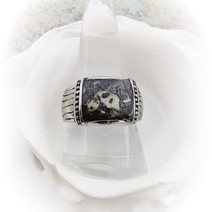 May include: A silver ring with a black and white stone set in a rectangular bezel. The ring has a textured band with small silver beads.