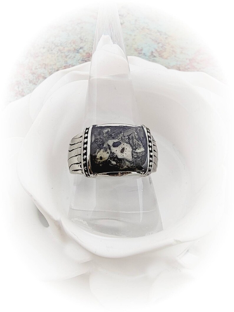 May include: A silver ring with a black and white stone set in a rectangular bezel. The ring has a textured band with small silver beads.