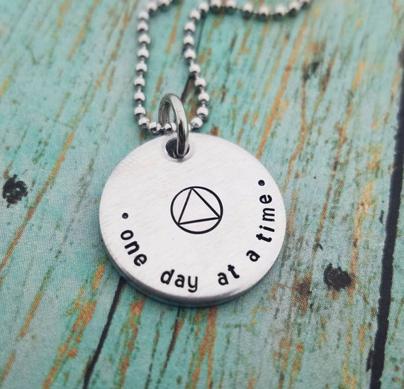 Sobriety Gift for Her Sobriety Symbol Jewelry One Day at a Time Necklace Hand Stamped Jewelry Friend Gift Sober Necklace 1 Year Sober Etsy