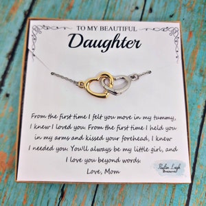 Tochter Geschenk - Gold und Silber Herz Halskette mit Gedichtkarte in Box - Mutter Tochter Halskette - Verschlungene Herzen Gemischte Metalle Teen Geschenk