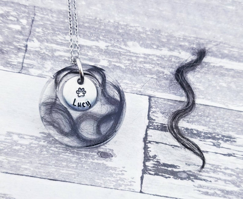 May include: A silver pendant necklace featuring a clear, circular resin charm filled with dark hair. A smaller, round silver charm with a paw print and the name "Lucy" is attached. A loose strand of dark hair is next to the pendant.