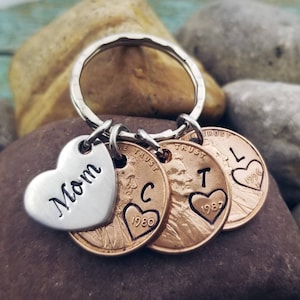 Personalized Penny Keychain: Hand Stamped Initial & Year Charm - Mom Gift