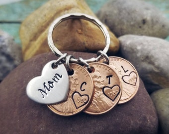 Penny Keychain Personalized with Year and initials - Mom Gift Nana Keychain Mimi Gift - Custom Pennies - Hand Stamped Penny Keychain For Mom