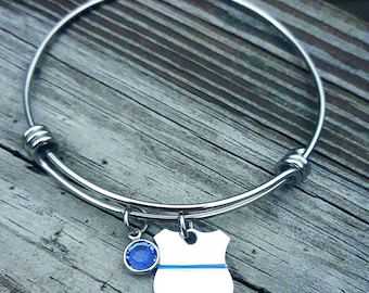 Blue Line Police Wife Bracelet: Hand Stamped Badge, Swarovski Crystal