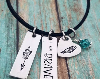 Boho Necklace - I am Brave - Feather Necklace - Arrow Necklace - Black Cord Necklace - Daughter Gifts Cancer Warrior Jewelry - Inspirational