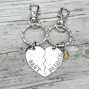 Best Friends Keychain Set of 2 - Split Heart - Broken heart - Birthstones - BFF - Hand Stamped - Couples keychains - Best friend's Birthday