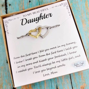 Collana Figlia 18k Oro e Argento Collana Cuore w / Poesia Carta in scatola Madre Figlia Collana Cuori Intrecciati Metalli Misti Regalo per adolescenti