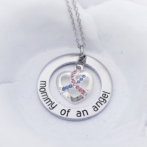 Mommy of an Angel Necklace -Pregnancy Loss Miscarriage Awareness Necklace - Baby Memorial Angel Jewelry -Stillborn Gift Pink and Blue Ribbon