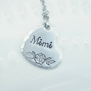 Mimi Necklace - Custom made Mimi Grandma Mom Aunt Nana - Hand Stamped Rose Necklace - Heart Pendant Necklace - Hypoallergenic Grandma Gift