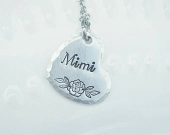 Mimi Necklace - Custom made Mimi Grandma Mom Aunt Nana - Hand Stamped Rose Necklace - Heart Pendant Necklace - Hypoallergenic Grandma Gift