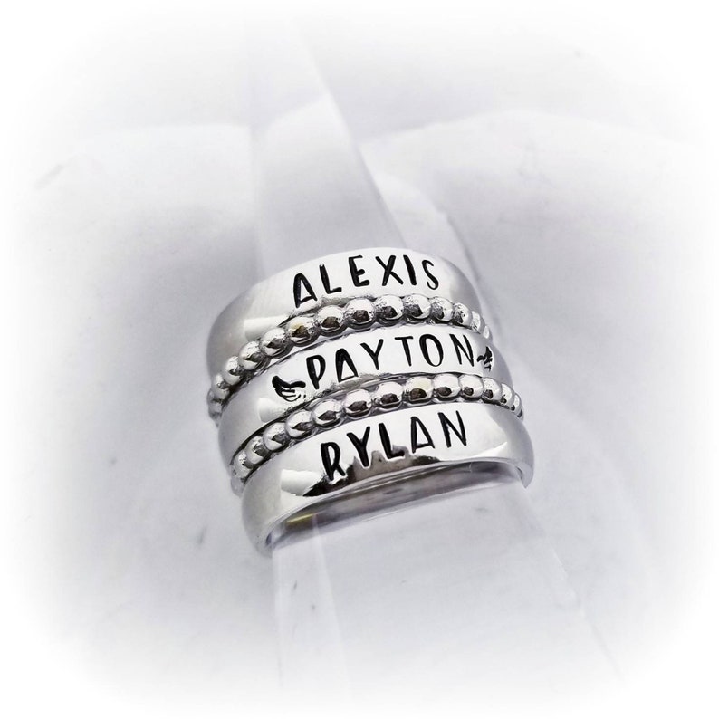 Personalized Ring Silver Stackable Name Rings Mom Ring Mother/'s Rings Mom Gift Memorial Name Ring Set Stainless Steel Stacking Name Ring