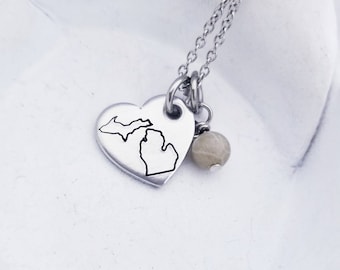 Hand Stamped Michigan Heart Necklace: Petoskey Stone Accent