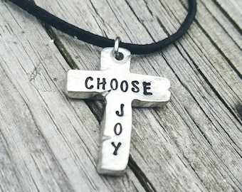 Custom Rustic Cross Necklace - Choose Joy - Pewter Cross Necklace - Men's Necklace - Bible Verse Necklace - Choose your characters