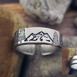 Stamped Mountain Ring: Adjustable Rustic Tree Jewelry