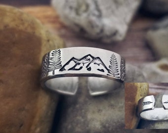 Mountain Ring - Adjustable stamped Ring - Girlfriend gift - Wife Ring - Friend birthday gift - Mountain Jewelry - Tree Ring - Rustic Ring