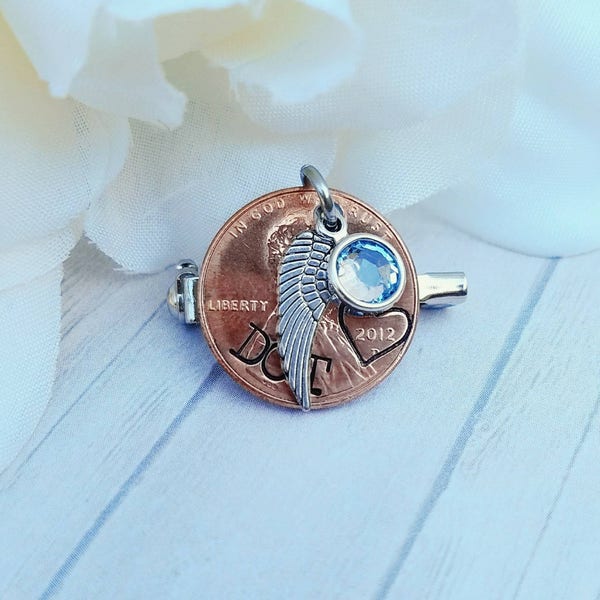 Something Blue Memorial Pin - Penny Pin - Bouquet Charm - Pennies from Heaven Pin - Custom Hand Stamped Penny - Blue Crystal - In memory of