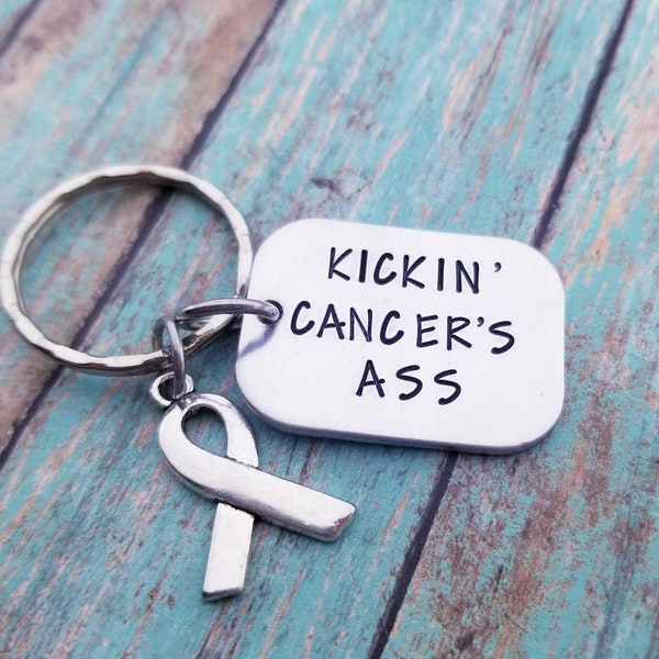 Kickin' Cancer's Ass Key Chain - Cancer Remission Gift - Hand Stamped - Cancer Survivor Gift Cancer Free - Fighting Cancer- Cancer Awareness