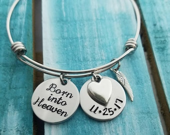 Miscarriage Gift - Stillborn Gift - Baby Memorial Jewelry - Adjustable Bangle Bracelet - Hand Stamped Jewelry - Born Into Heaven Bracelet