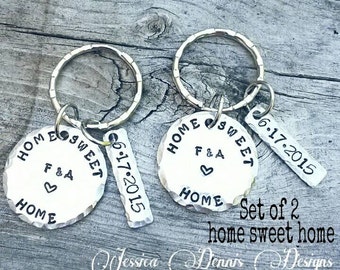 Set of 2 Home Sweet Home New Homeowners Gift Personalized House Warming Gift New Home Keychain Couples Keychain Set Hand Stamped New Home