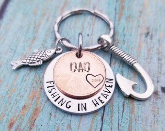Personalized Dad Memorial Keychain: Fishing in Heaven Penny Key Ring