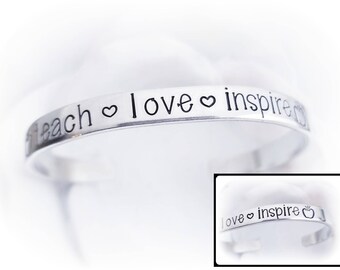 Teacher Gift - Teach Love Inspire Cuff Bracelet- Preschool Teacher Christmas Gift- Kindergarten Teacher Jewelry- Silver Apple Bracelet