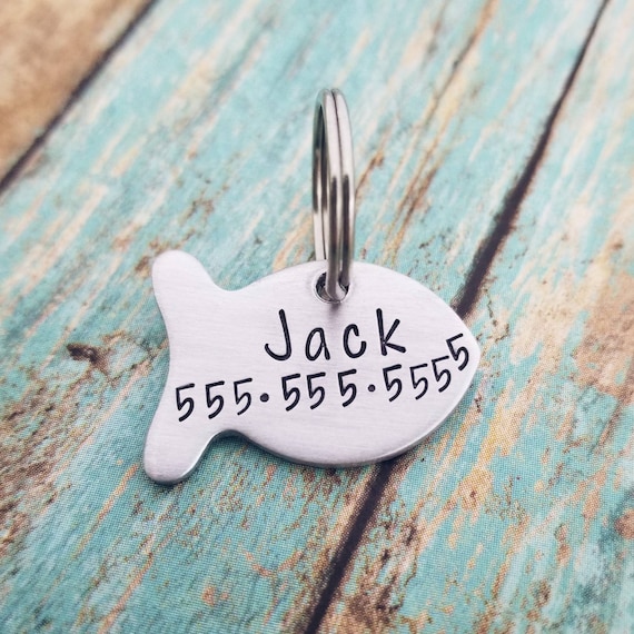 Fish Cat ID Tag Custom Hand Stamped Name Phone Number Fish
