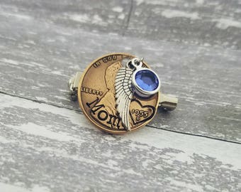 Something Blue Wedding Pin - Penny Pin - Bouquet Charm - Pennies from Heaven - Custom Hand Stamped Penny - Blue Crystal - In memory of Mom