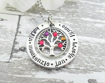 May include: Silver necklace with a tree pendant featuring colorful gemstones. The pendant has the words "Love you to the moon and back" engraved around the tree.