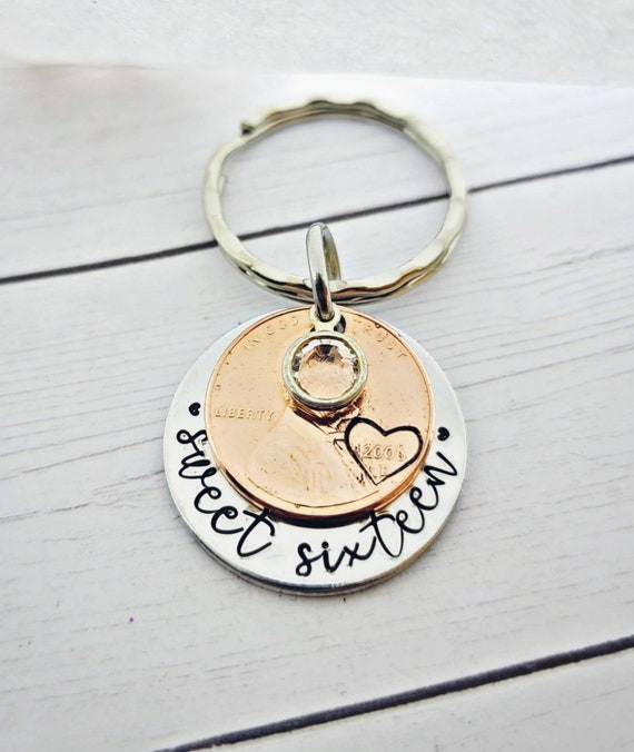 Personalized Sweet 16 Penny Keychain: Birthstone Charm, Teen Gift