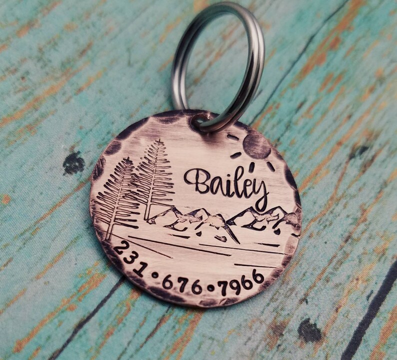 Unique Dog ID Tag Custom Made Hand Stamped Personalized Dog ID Dog Name Tag Dog Tag Hand Made Dog ID Mountain Dog Tag Rustic Dog Tag New Dog image 3