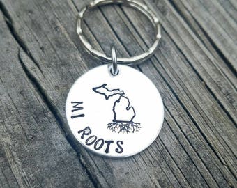 Michigan Roots Keychain - Great Lakes Keychain - Michigan Souvenir - Northern Michigan - Upper Peninsula Gift - Custom Made - Hand Stamped