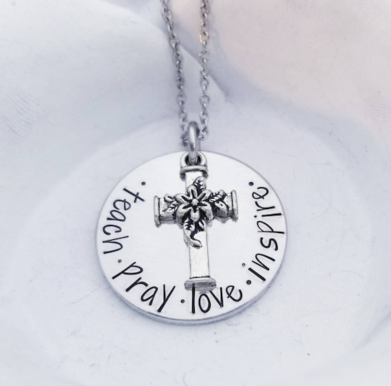 Religious Teacher Gift Christian School Teacher Teach Pray Love Inspire  Necklace Teacher Jewelry Silver Cross necklace -Youth Pastor
