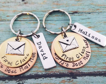 Mail deliverer gift - Mail man keychain - Mail lady gift - Postal worker Gift - Personalized - Hand Stamped - Post office worker keychain