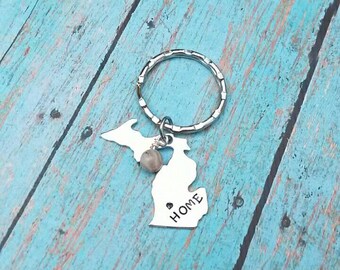 Hand Stamped Michigan Petoskey Stone Necklace or Keychain: Personalized MI Gift