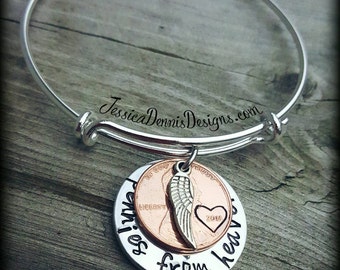 Pennies from Heaven * Hand Stamped Bracelet * Choose your Year * Heart Stamp * Angel Wing * Baby Feet Optional * Memorial Jewelry *